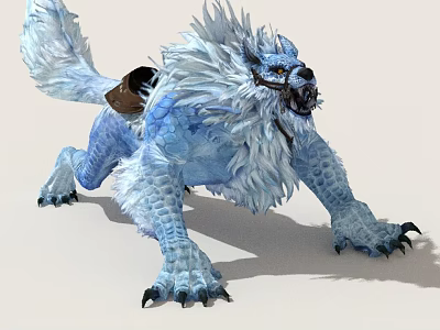Fierce Game Fantasy Creature Character With Blue White Mane Sharp Claws Riding Saddle 3d model