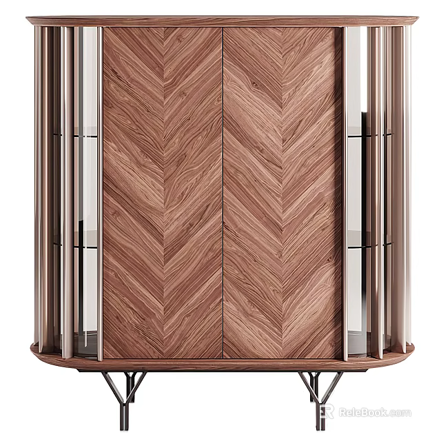 Modern Entryway Console Cabinet With Herringbone Wooden Design And Metal Frame 3d model 