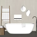 Modern White Free Standing Bathtub With Black Faucet Wooden Ladder Teardrop Pendant Lights And Towels