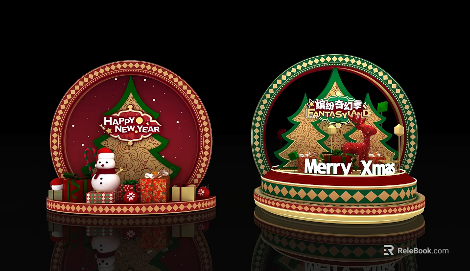 Christmas New Year Themed Photo Spot with Christmas Tree Snowman and Gift Boxes 3d model 