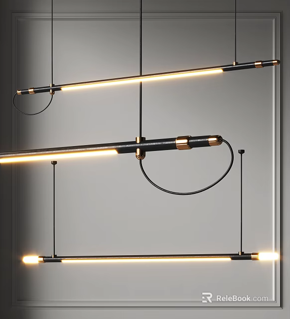 Contemporary Linear Pendant Lights With Black Metal Frame And Warm Glowing Circular Elements Design 3d model 