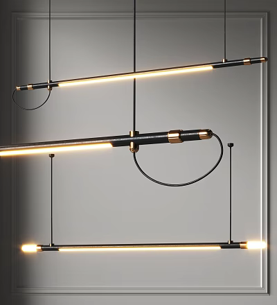 Contemporary Linear Pendant Lights With Black Metal Frame And Warm Glowing Circular Elements Design 3d model