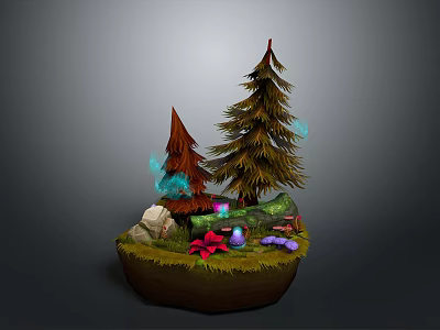 Pine And Brown Trees In Miniature Landscape With Grass Stones Colorful Mushrooms And Glowing Elements 3d model