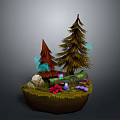 Pine And Brown Trees In Miniature Landscape With Grass Stones Colorful Mushrooms And Glowing Elements