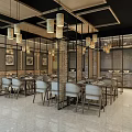 Elegant Chinese Restaurant Interior With Hanging Lanterns Wooden Tables And Brick Walls