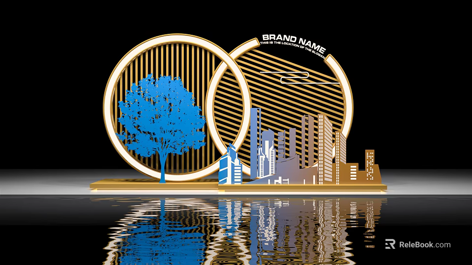 Golden Circles With Brand Name Featuring Blue Tree And City Skyline Silhouette With Water Reflection 3d model 