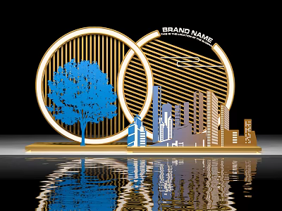 Golden Circles With Brand Name Featuring Blue Tree And City Skyline Silhouette With Water Reflection 3d model