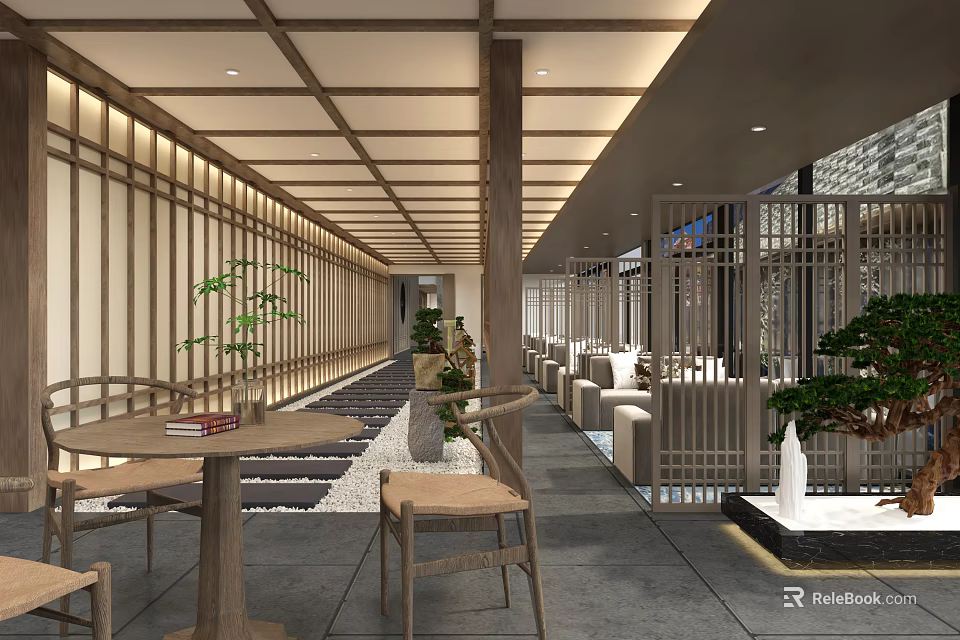 Modern Elevator Hallway Interior With Wooden Ceiling Green Plants And Soft Lighting Fixtures 3d model 
