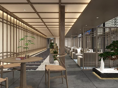 Modern Elevator Hallway Interior With Wooden Ceiling Green Plants And Soft Lighting Fixtures 3d model