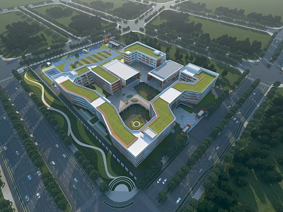 Aerial View Of Modern School Building With Green Roofs 3d model
