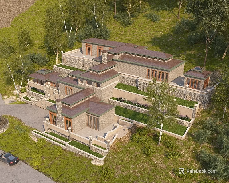 Detached Villa With Stone Exterior Brown Roof Green Lawn And Trees 3d model 