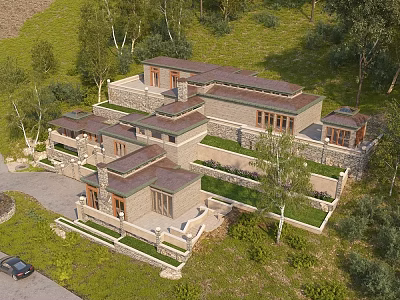 Detached Villa With Stone Exterior Brown Roof Green Lawn And Trees 3d model