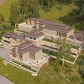 Detached Villa With Stone Exterior Brown Roof Green Lawn And Trees