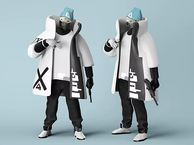 Two Game Movie Characters In White Patterned Coats With Blue Hats Black Masks And Guns 3d model