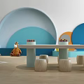 Playful Kids Table With Wooden Stools Curved Blue Walls Animal Toys And Orange Mirror