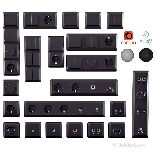 Black Electrical Accessories Including Switches Sockets Power Strips With Cocoon Vray Logos 3d model 