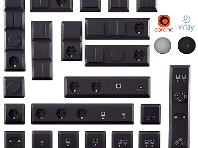 Black Electrical Accessories Including Switches Sockets Power Strips With Cocoon Vray Logos 3d model