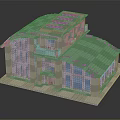 Cartoon Scene Block House Model with Red Roof White Walls Balcony and Windows
