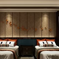 Luxurious Hotel Guest Room With Double Beds Comfortable Bedding Wooden Walls And Warm Lighting