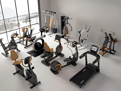 Modern Indoor Fitness Equipment Display With Treadmill Exercise Bike And Elliptical Trainer 3d model