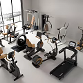 Modern Indoor Fitness Equipment Display With Treadmill Exercise Bike And Elliptical Trainer
