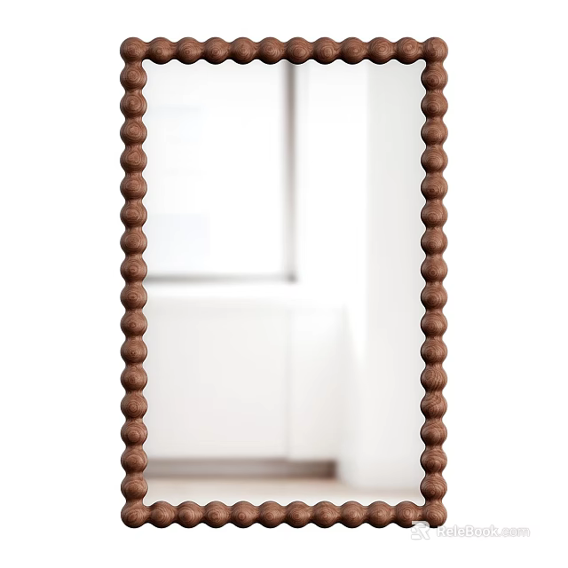 Mirror with Brown Beaded Chains on Sides in White Room with White Cabinets and Window 3d model 