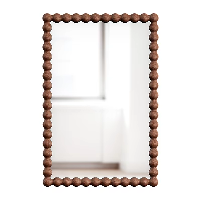 Mirror with Brown Beaded Chains on Sides in White Room with White Cabinets and Window 3d model