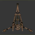 Wooden Medieval Catapult Device With Wheels And Complex Mechanical Structure 3d model