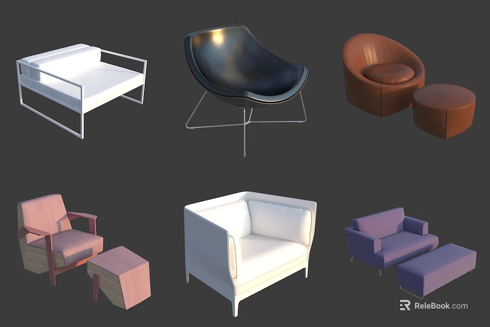 Stylish Leisure Chairs In Various Colors With Modern Design And Ottoman Accents 3d model 