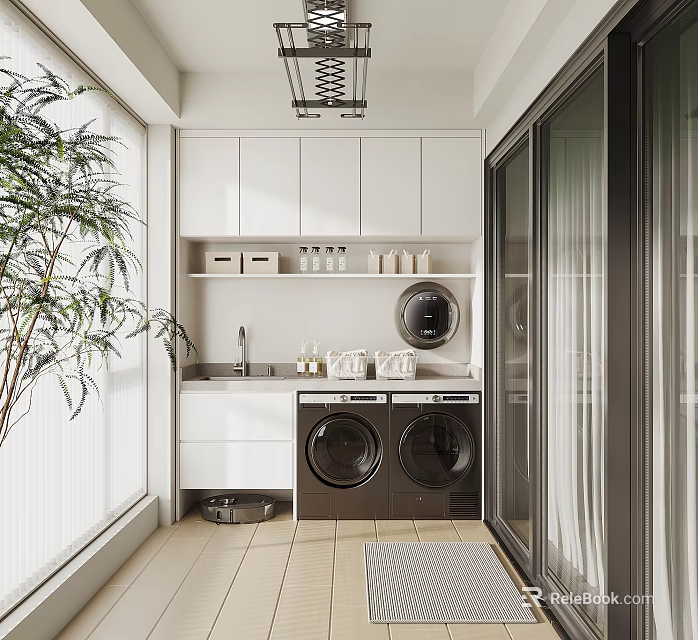 Modern Balcony Cabinet Interior Design With Washing Machine Sink And Plants 3d model 