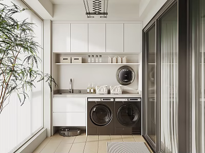 Modern Balcony Cabinet Interior Design With Washing Machine Sink And Plants 3d model