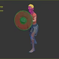 Man As Ancient Warrior Standing Barefoot Holding Round Red Blue Shield