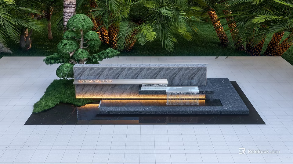 Modern Garden Landscape With Illuminated Stone Water Wall Flowing Water Green Trees And Grass 3d model 