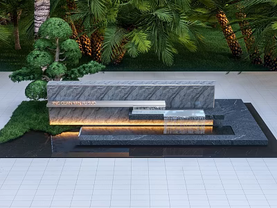 Modern Garden Landscape With Illuminated Stone Water Wall Flowing Water Green Trees And Grass 3d model