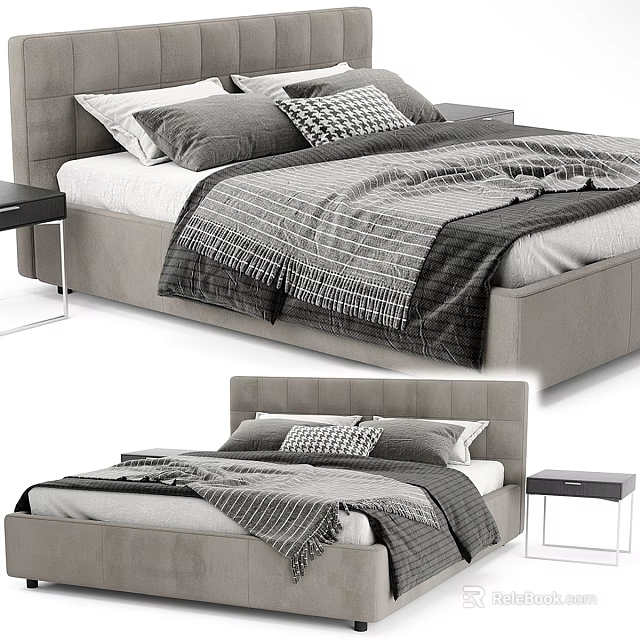 Modern Beige Upholstered Double Bed with Gray Pillows Plaid Blanket and Nightstand 3d model 