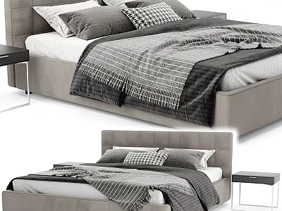 Modern Beige Upholstered Double Bed with Gray Pillows Plaid Blanket and Nightstand 3d model