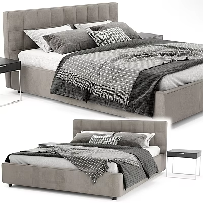 Modern Beige Upholstered Double Bed with Gray Pillows Plaid Blanket and Nightstand 3d model