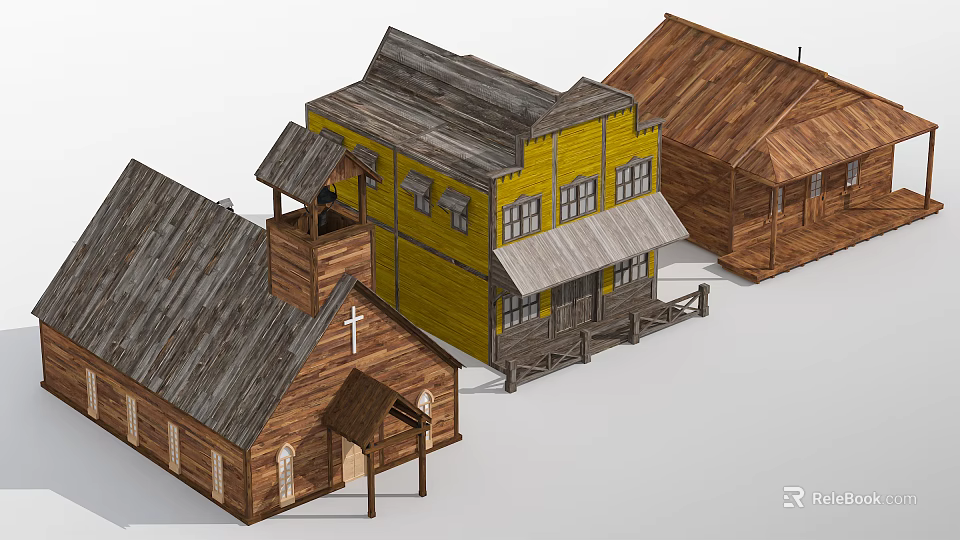 Charming Wooden Houses Featuring Yellow Main Building Church Style Bell Tower And Brown Cabin 3d model 