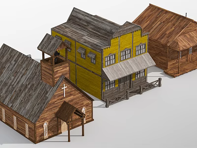 Charming Wooden Houses Featuring Yellow Main Building Church Style Bell Tower And Brown Cabin 3d model