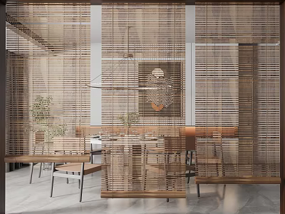 Elegant Modern Open Space Interior With Wooden Blinds Dining Table And Bright Lighting 3d model