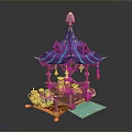 Purple Blue Decorative Canopy Wooden Table with Teapot Cups Towel Colorful Mat Daily Items