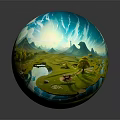 Cartoon Scenery With Rolling Mountains Green Trees Small Houses Stone Path And Colorful Flowers