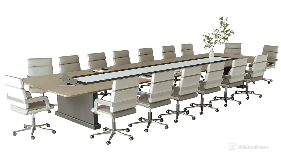 Modern Conference Room Interior With Long Wooden Table Office Chairs And Potted Plant 3d model 