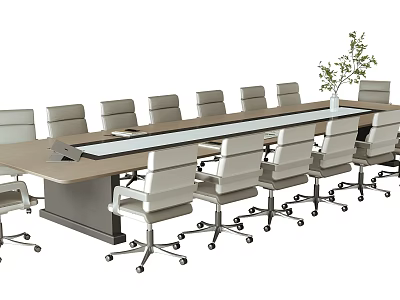 Modern Conference Room Interior With Long Wooden Table Office Chairs And Potted Plant 3d model