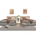 Modern Double Bed Interior With Light Gray Frame Decorative Paintings Potted Plant And Area Rug