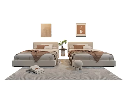Modern Double Bed Interior With Light Gray Frame Decorative Paintings Potted Plant And Area Rug 3d model