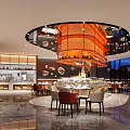 Modern Style Restaurant With Wine Racks Bar Counter Dining Tables Pendant Lights And Decorative Sculpture
