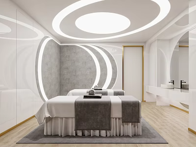 Modern SPA Sauna Room with Massage Beds Curved Lighting Gray Walls and Wooden Flooring 3d model