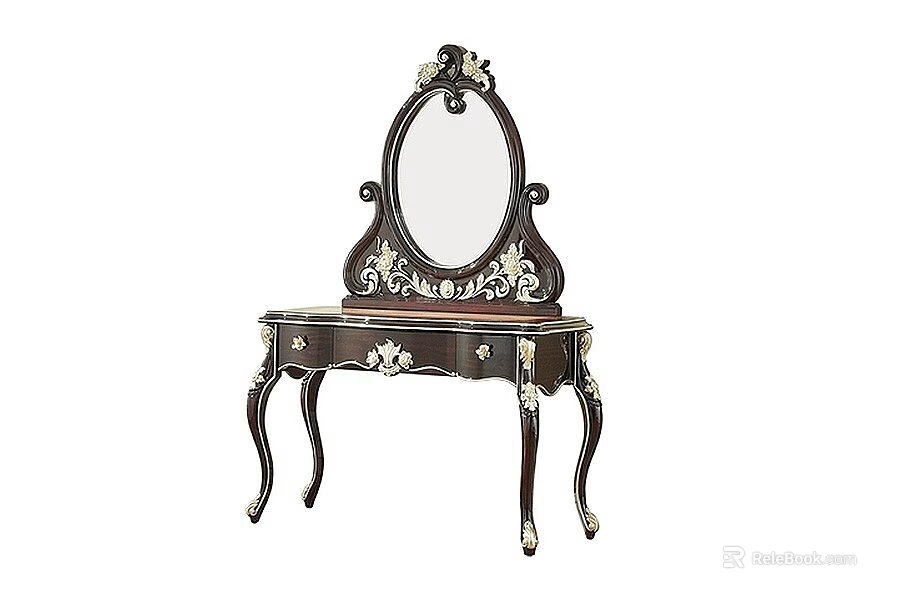 Elegant Classic Wooden Dressing Table With Carved Mirror And Decorative Drawers Design 3d model 