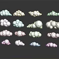 White Polygonal Clouds In Various Shapes With Reflections On Dark Background